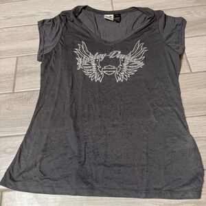 Harley-Davidson Womens Black Burnout Wing‎ Logo V-Neck T-Shirt S Polyester/Rayon